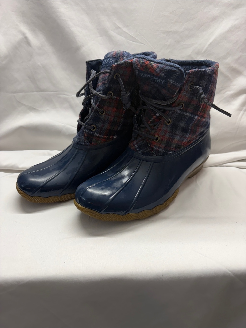 Sperry Navy Gloss Rubber Duck Boots with Red & Blue Plaid Collar
